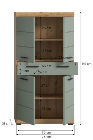 Badezimmer Midischrank Shawn in Salbei und Artisan Eiche Badschrank 74 x 141 cm