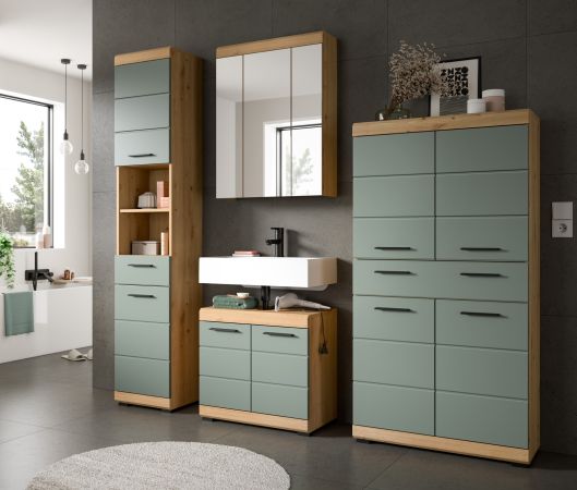 Badezimmer Midischrank Shawn in Salbei und Artisan Eiche Badschrank 74 x 141 cm