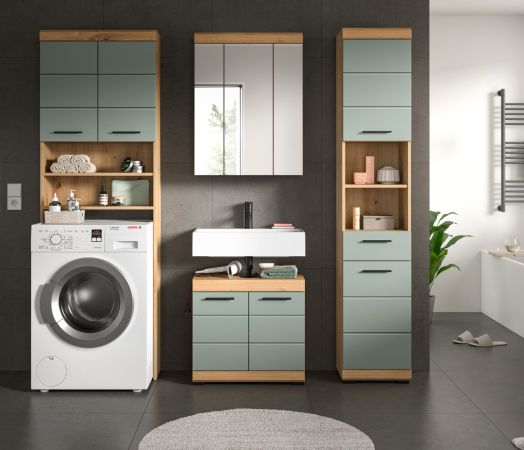 Waschmaschinenschrank Shawn in Salbei und Artisan Eiche Waschmaschinen �berbau 63 x 191 cm