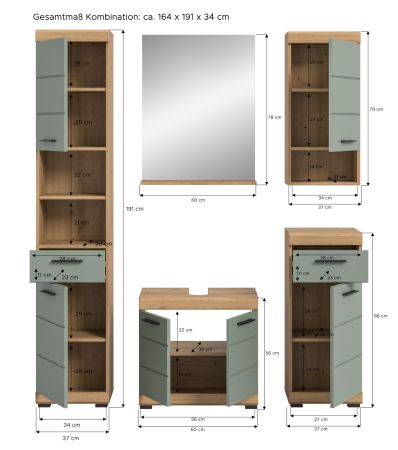 Badm�bel Set 5-teilig Shawn in Salbei und Artisan Eiche Badkombination 164 x 191 cm