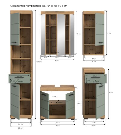 Badm�bel Set 5-teilig Shawn in Salbei und Artisan Eiche Badkombination 164 x 191 cm