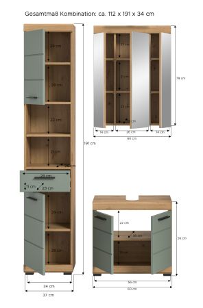 Badm�bel Set 3-teilig Shawn in Salbei und Artisan Eiche Badkombination 112 x 191 cm
