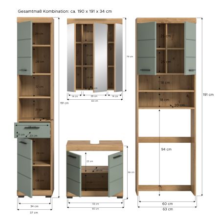 Badm�bel Set 4-teilig Shawn in Salbei und Artisan Eiche Badkombination 190 x 191 cm