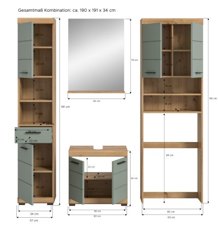 Badm�bel Set 4-teilig Shawn in Salbei und Artisan Eiche Badkombination 190 x 191 cm