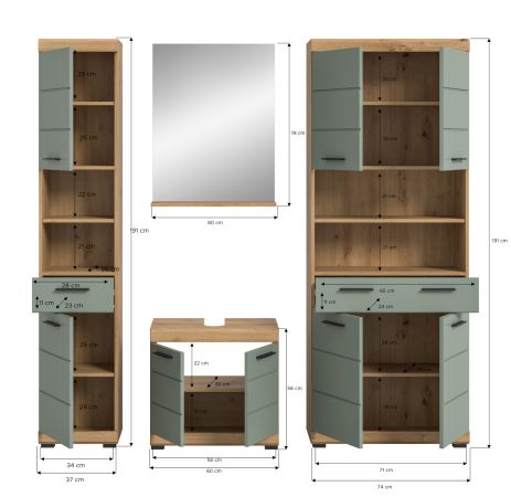 Badm�bel Set 4-teilig Shawn in Salbei und Artisan Eiche Badkombination 200 x 191 cm