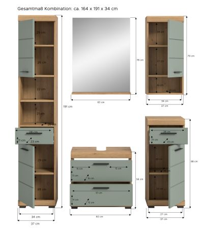 Badm�bel Set 5-teilig Shawn in Salbei und Artisan Eiche Badkombination 164 x 191 cm