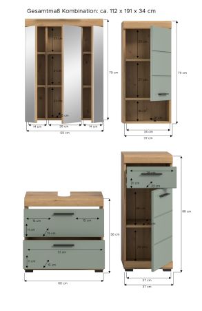Badm�bel Set 4-teilig Shawn in Salbei und Artisan Eiche Badkombination 112 x 191 cm