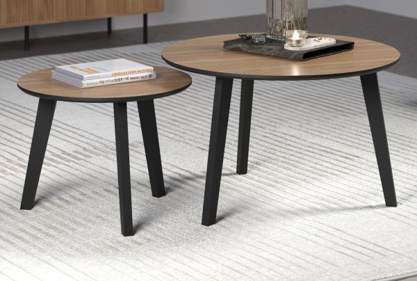 Couchtisch 2er Set Torus in Eiche und schwarz 2x Beistelltisch rund