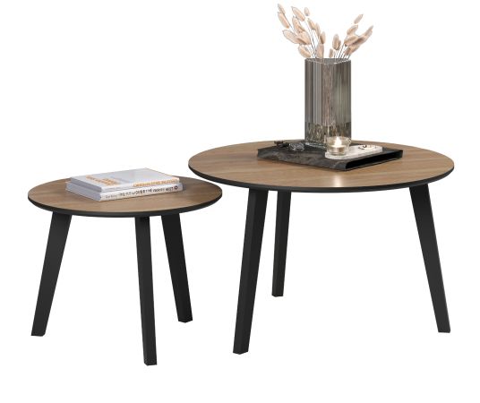 Couchtisch 2er Set Torus in Eiche und schwarz 2x Beistelltisch rund