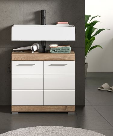 Waschbeckenunterschrank Willow in wei� Hochglanz und Nox Eiche Badschrank 60 cm