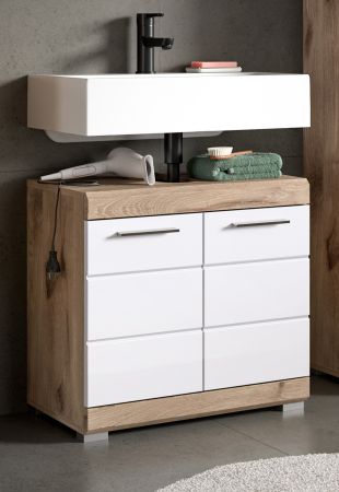 Waschbeckenunterschrank Willow in wei� Hochglanz und Nox Eiche Badschrank 60 cm