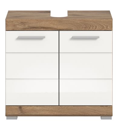 Waschbeckenunterschrank Willow in wei� Hochglanz und Nox Eiche Badschrank 60 cm