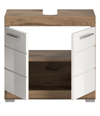 Waschbeckenunterschrank Willow in wei� Hochglanz und Nox Eiche Badschrank 60 cm