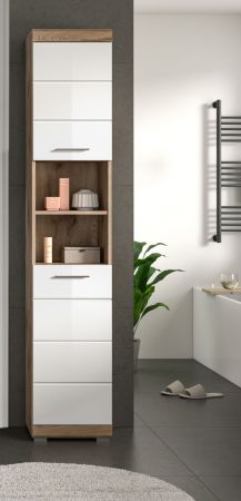 Badezimmer Hochschrank Willow in wei� Hochglanz und Nox Eiche Badschrank 37 x 191 cm