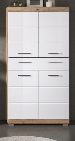 Badezimmer Midischrank Willow in wei� Hochglanz und Nox Eiche Badschrank 74 x 141 cm