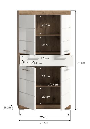 Badezimmer Midischrank Willow in wei� Hochglanz und Nox Eiche Badschrank 74 x 141 cm