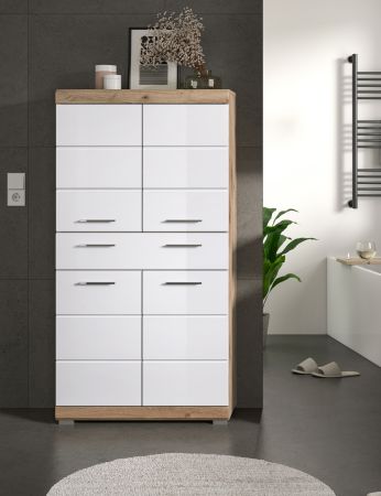 Badezimmer Midischrank Willow in wei� Hochglanz und Nox Eiche Badschrank 74 x 141 cm