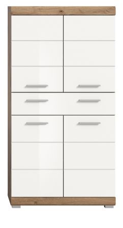 Badezimmer Midischrank Willow in wei� Hochglanz und Nox Eiche Badschrank 74 x 141 cm
