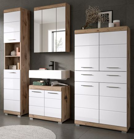Badm�bel Set 4-teilig Willow in wei� Hochglanz und Nox Eiche Badkombination 200 x 191 cm