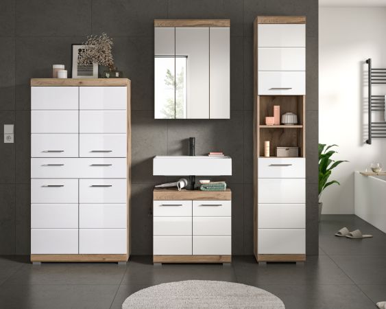 Badm�bel Set 4-teilig Willow in wei� Hochglanz und Nox Eiche Badkombination 200 x 191 cm