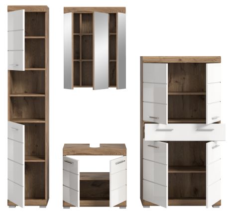 Badm�bel Set 4-teilig Willow in wei� Hochglanz und Nox Eiche Badkombination 200 x 191 cm