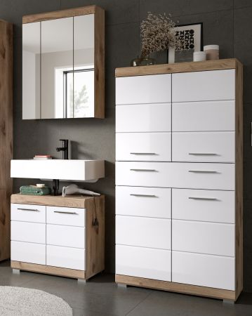 Badm�bel Set 3-teilig Willow in wei� Hochglanz und Nox Eiche Badkombination 149 x 191 cm