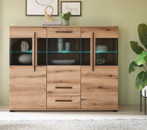 Highboard Design-D in Evoke Eiche Vitrine 160 x 126 cm, mit Soft-Close