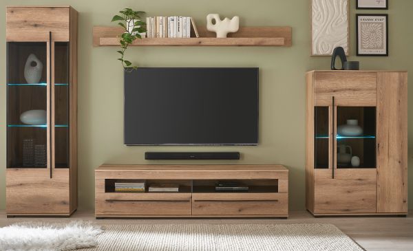 Wohnwand Design-D in Evoke Eiche Wohnkombination Set 4-teilig 350 cm, mit Soft-Close