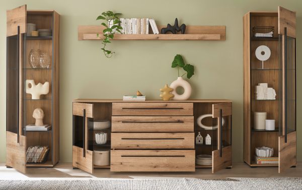 Wohnwand Design-D in Evoke Eiche Wohnkombination Set 4-teilig 340 cm, mit Soft-Close