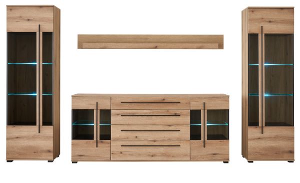 Wohnwand Design-D in Evoke Eiche Wohnkombination Set 4-teilig 340 cm, mit Soft-Close