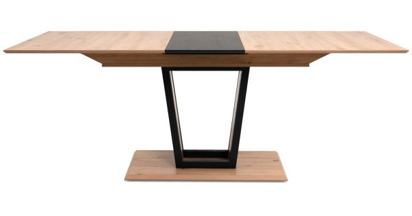 Esstisch Borja in Artisan Eiche und schwarz S�ulentisch mit Liftauszug 160 / 200 x 90 cm