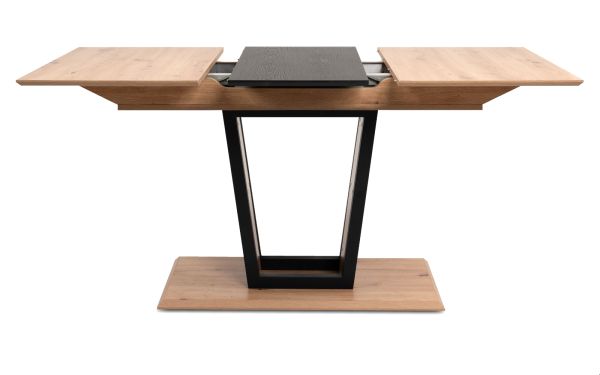 Esstisch Borja in Artisan Eiche und schwarz S�ulentisch mit Liftauszug 160 / 200 x 90 cm