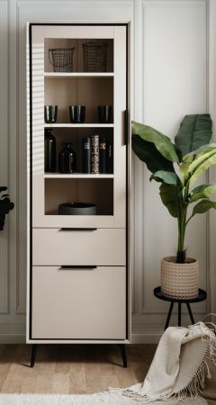 Vitrine Brebbia in sand und schwarz Vitrinenschrank 60 x 200 cm, Soft-Close-Funktion