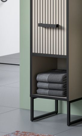 Badezimmer Hochschrank Scana in sand und schwarz Badschrank 30 x 192 cm, Soft-Close