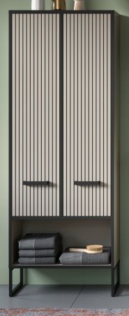 Badezimmer Hochschrank Scana in sand und schwarz Badschrank 59 x 159 cm, Soft-Close