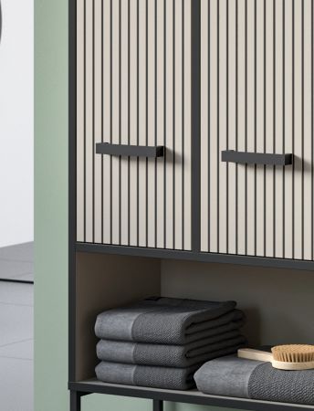 Badezimmer Hochschrank Scana in sand und schwarz Badschrank 59 x 159 cm, Soft-Close