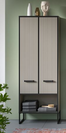 Badezimmer Hochschrank Scana in sand und schwarz Badschrank 59 x 159 cm, Soft-Close