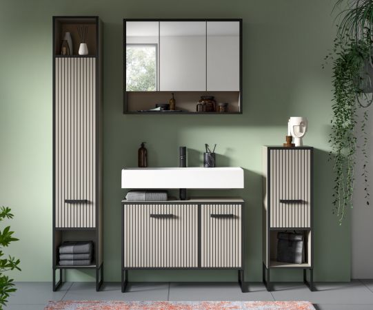 Badezimmer Kommode Scana in sand und schwarz Badkommode 30 x 101 cm, Soft-Close