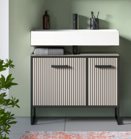 Waschbeckenunterschrank Scana in Sand mit Schwarz, Badezimmer Unterschrank 80 cm, Soft-Close