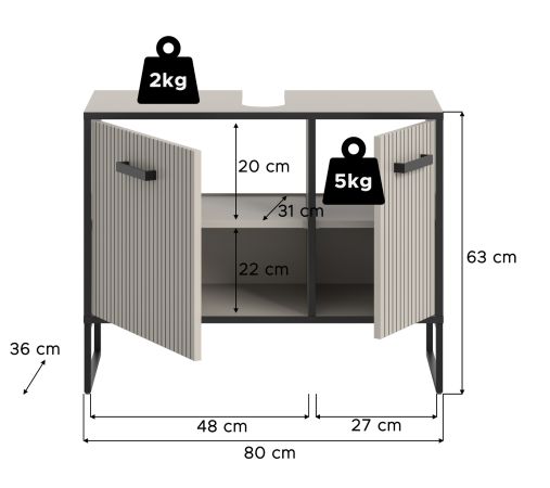 Waschbeckenunterschrank Scana in Sand mit Schwarz, Badezimmer Unterschrank 80 cm, Soft-Close