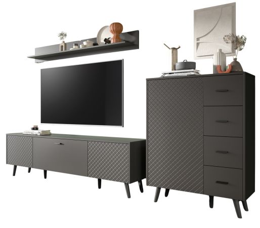 Wohnwand Madea in grau matt Wohnkombination 3-teilig 269 x 175 cm