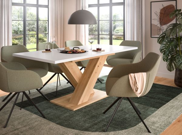 Esstisch Home-X in wei� und Artisan Eiche Tisch ausziehbar 150 - 190 cm