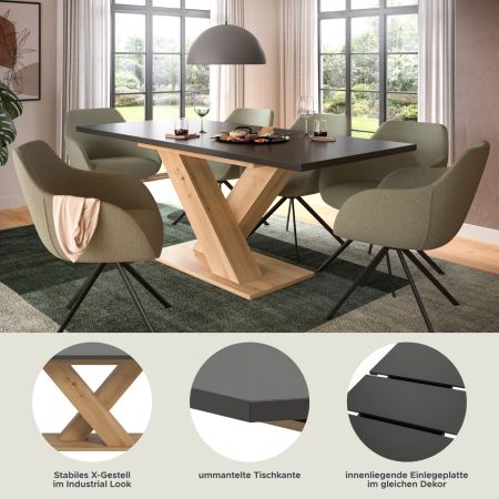 Esstisch Home-X in grau und Artisan Eiche Tisch ausziehbar 150 - 190 cm