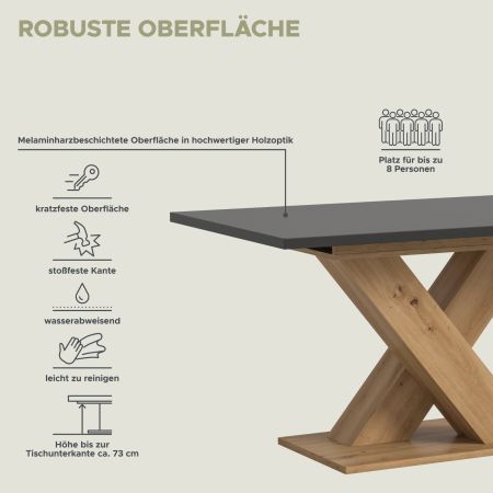 Esstisch Home-X in grau und Artisan Eiche Tisch ausziehbar 150 - 190 cm
