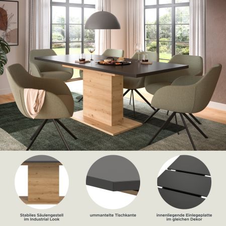 Esstisch Home-X in grau und Artisan Eiche Tisch ausziehbar 150 - 190 cm