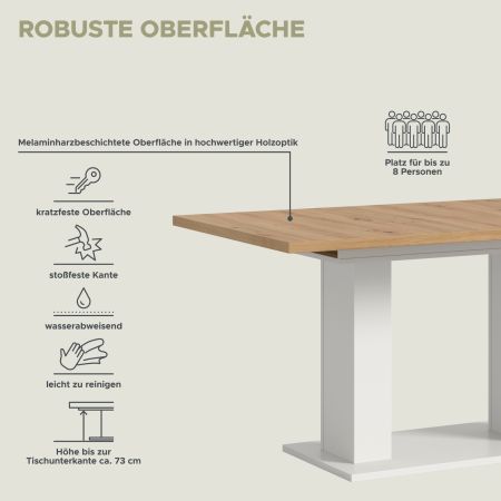 Esstisch Home-X in Artisan Eiche und wei� Tisch ausziehbar 150 - 190 cm
