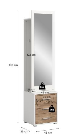 Kompaktgarderobe Pallas in wei� und Nox Eiche Garderobe mit Spiegel 45 x 190 cm