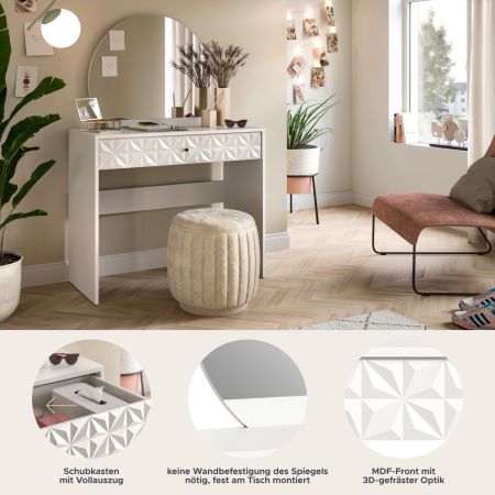 Schminktisch Relief in wei� Hochglanz mit 3-D Struktur Kosmetiktisch mit Spiegel 90 cm