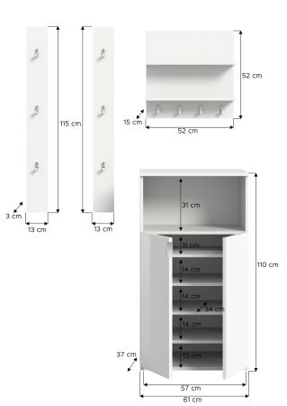 Garderobe Set 4-teilig SystemX in wei� Hochglanz Garderobenkombination 117 cm
