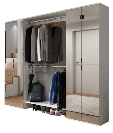 Garderobenschrank mit Spiegelt�r SystemX in wei� Schuhschrank 232 x 193 cm